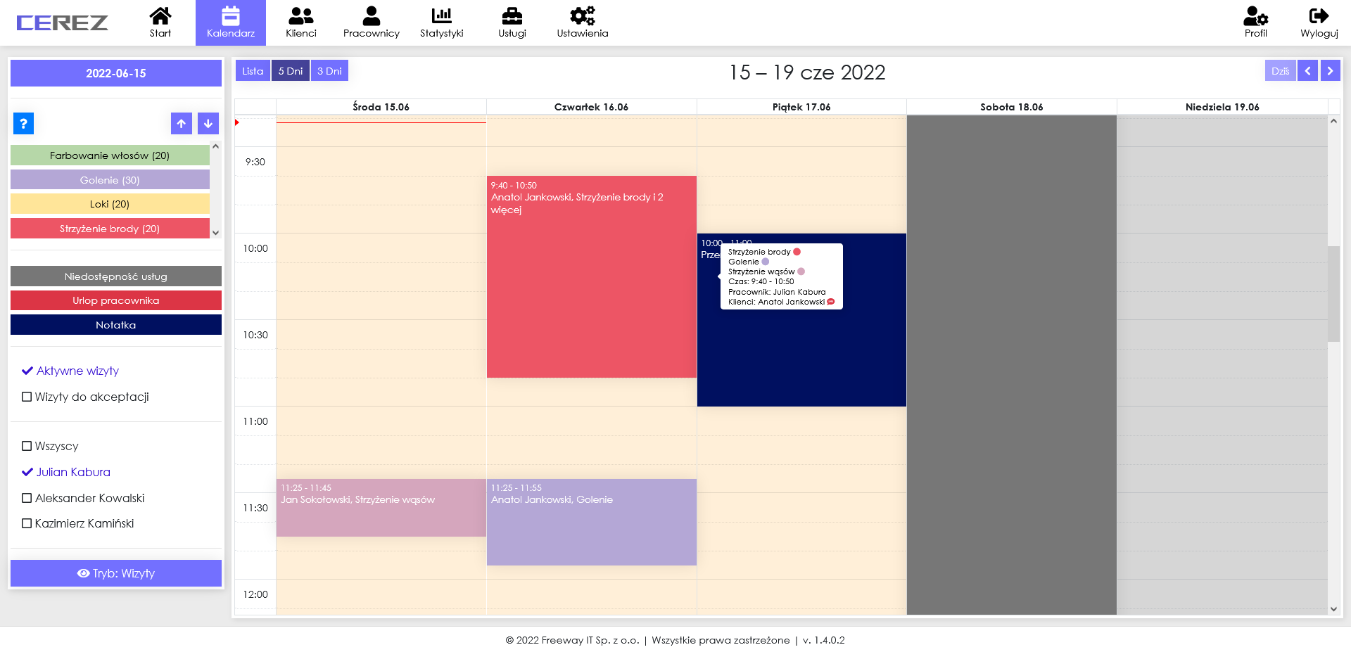 zrzut ekranu kalendarza wielu pracowników z aplikacji Cerez