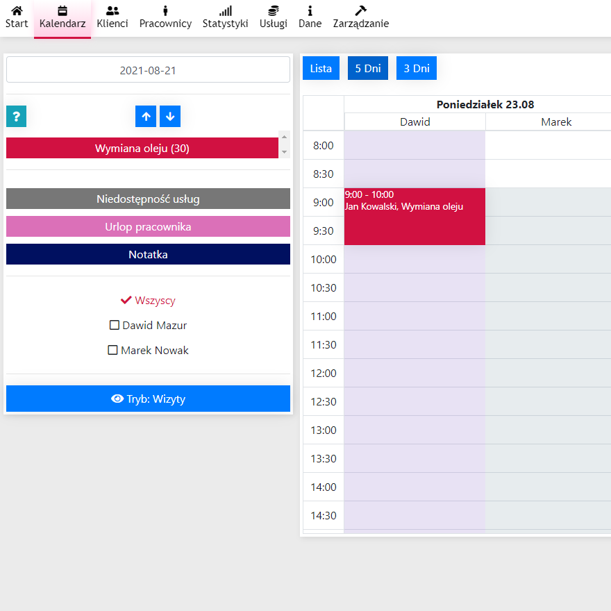 zrzut ekranu kalendarza z aplikacji Cerez