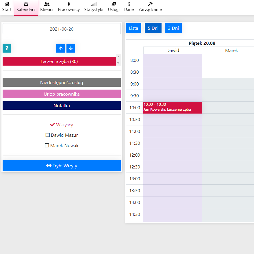 zrzut ekranu kalendarza z aplikacji Cerez