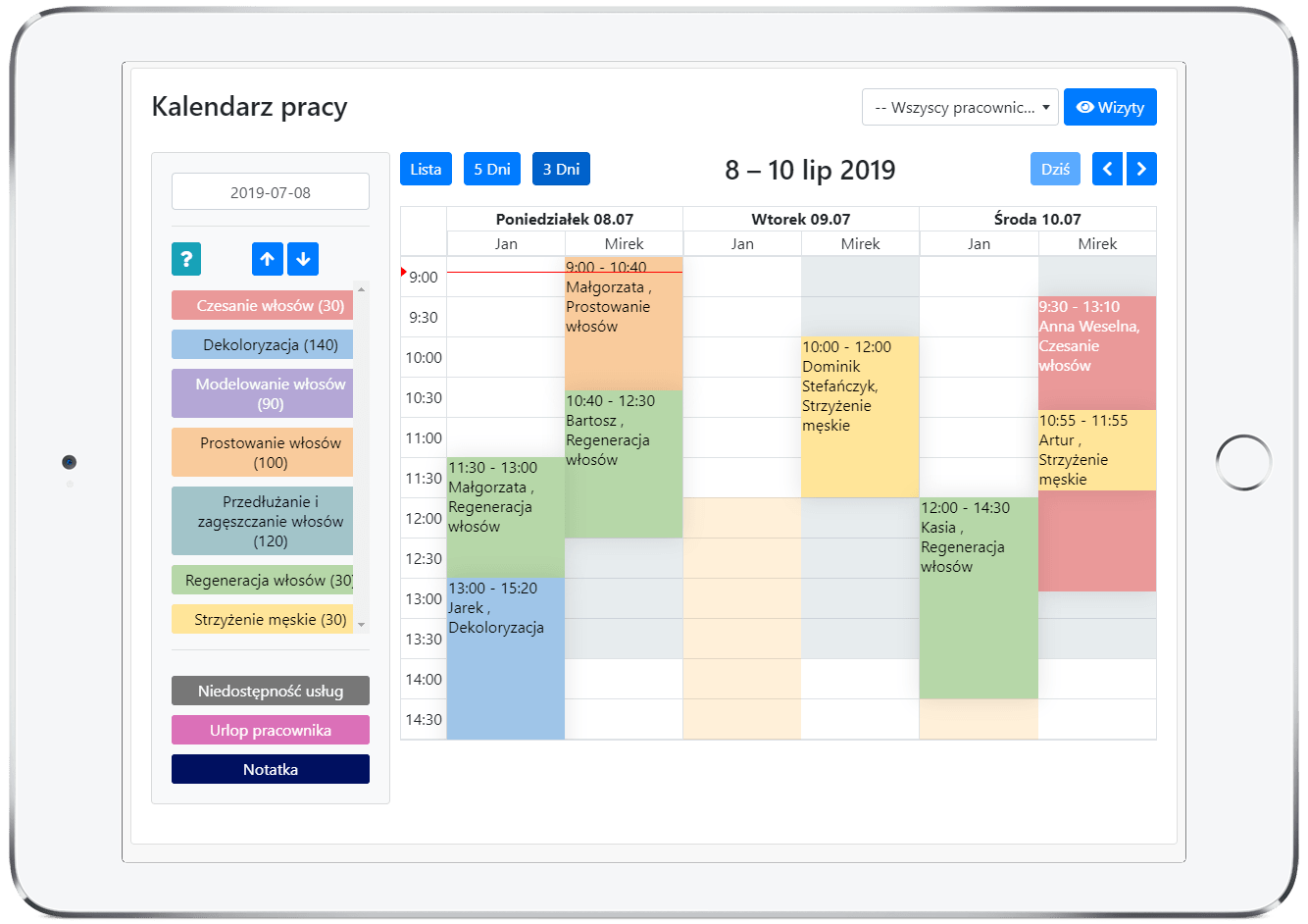 zrzut ekranu kalendarza z aplikacji Cerez w ramce tabletu