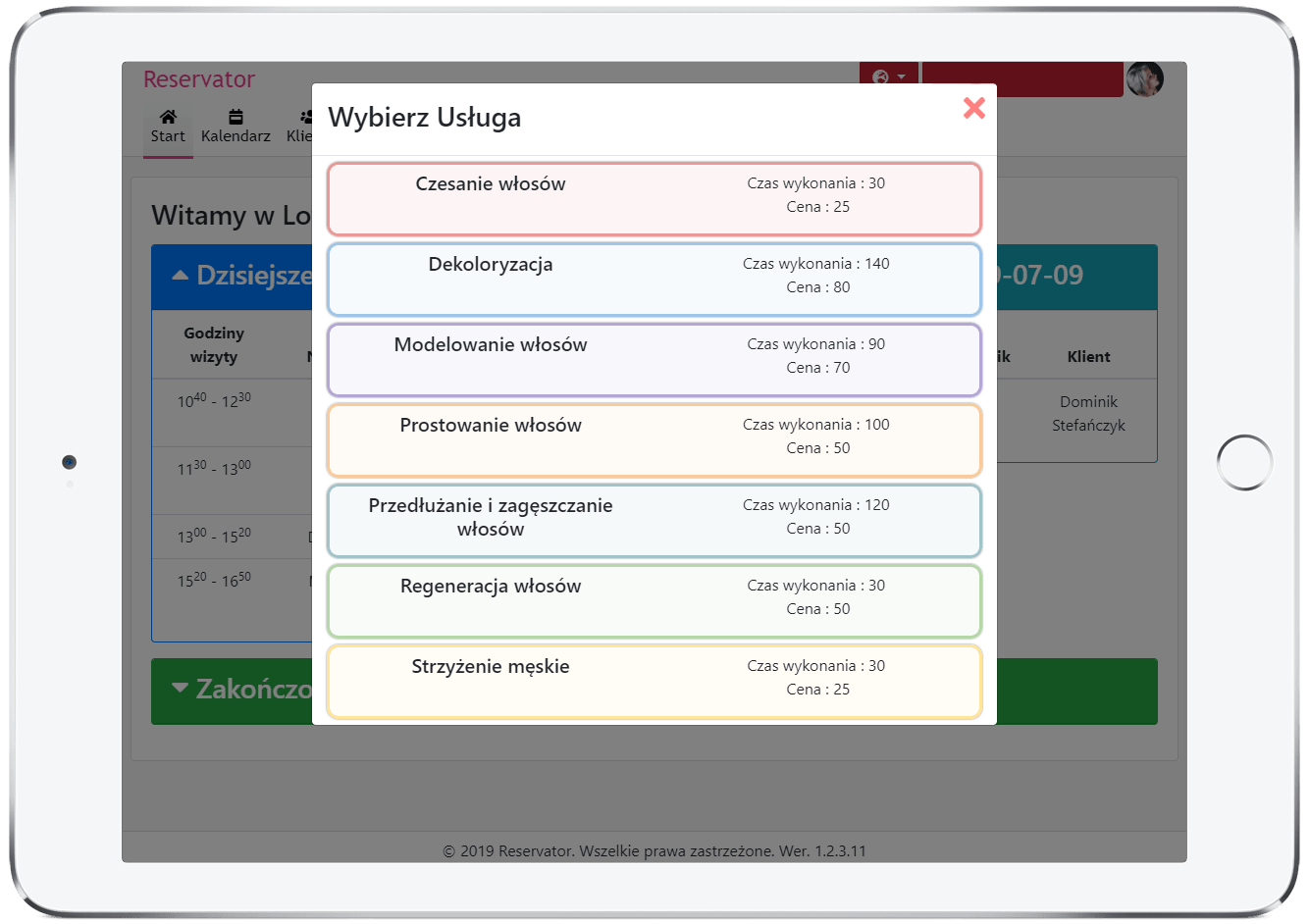 zrzut ekranu wyboru usługi z aplikacji Cerez w ramce tabletu