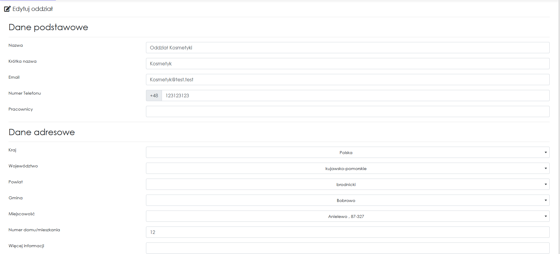 zrzut ekranu edycji oddziałów z aplikacji Cerez