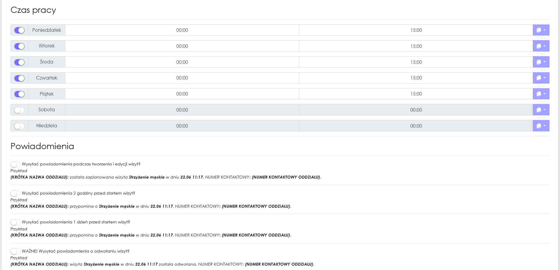 zrzut ekranu edycji oddziałów z aplikacji Cerez