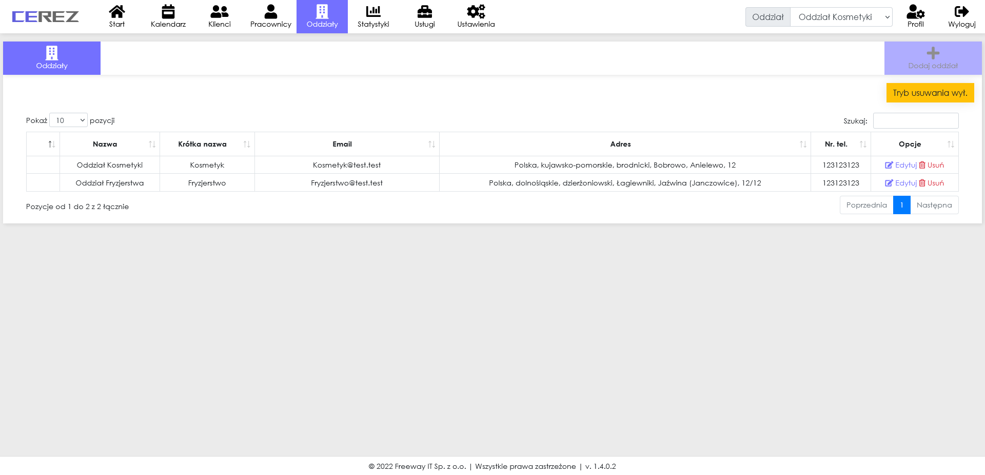 zrzut ekranu widoku oddziałów z aplikacji Cerez