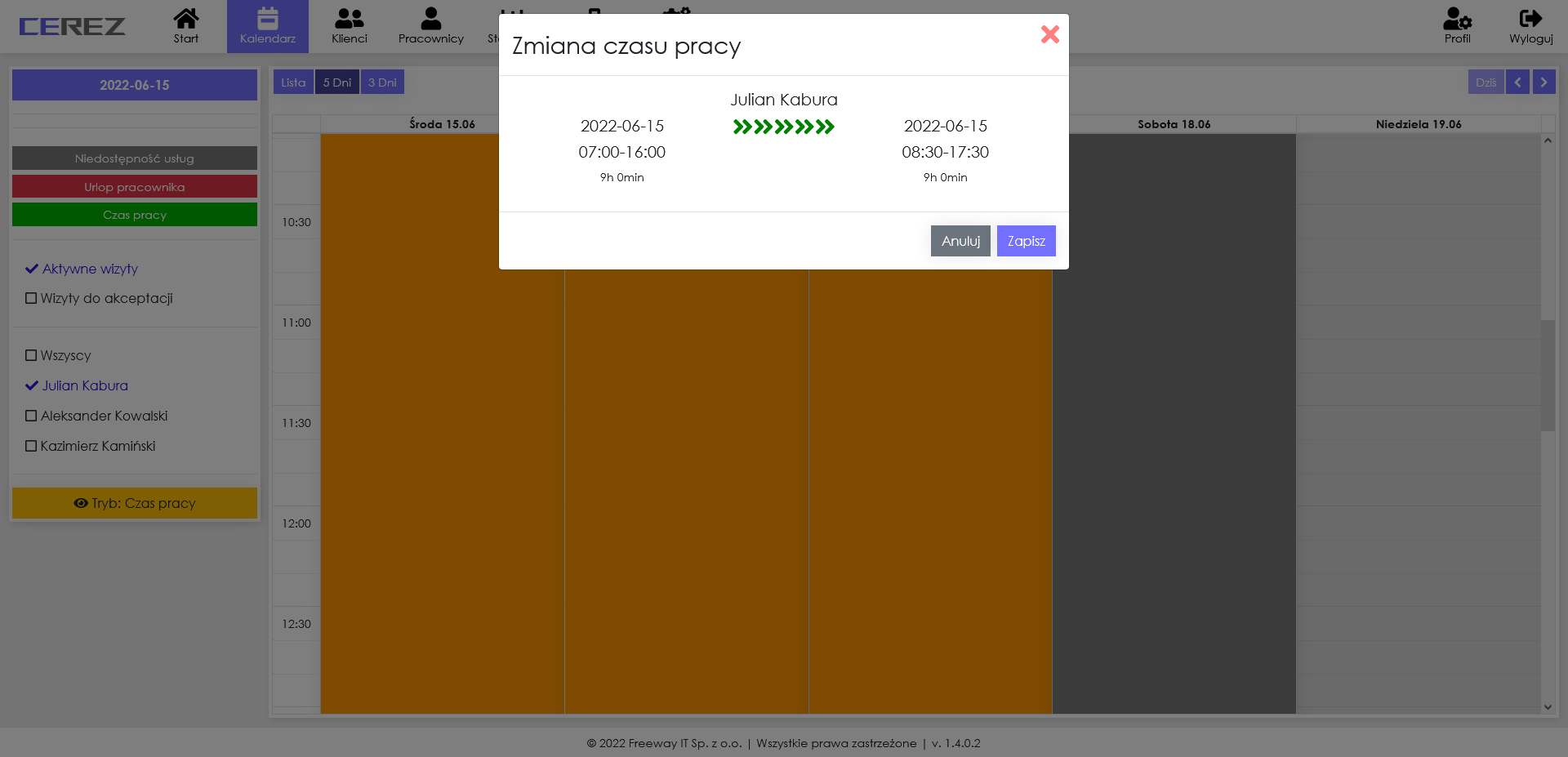 zrzut ekranu zmiany czasu pracy z aplikacji Cerez
