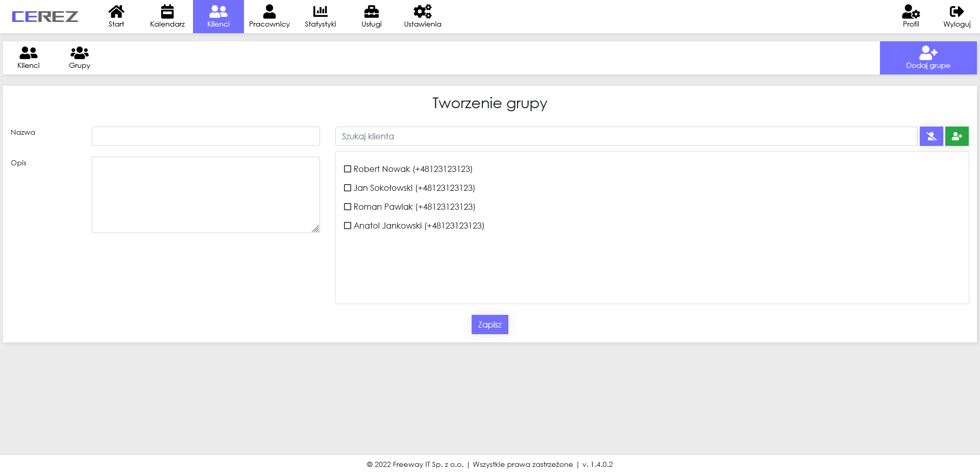 zrzut ekranu dodawania grupy z aplikacji Cerez