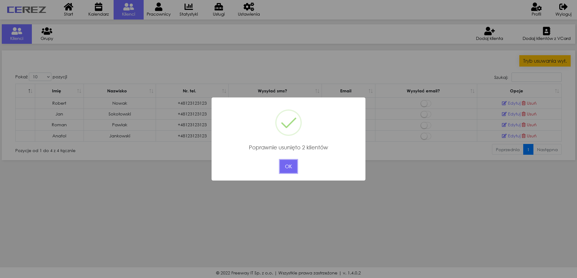 zrzut ekranu potwierdzenia usunięcia klientów z aplikacji Cerez