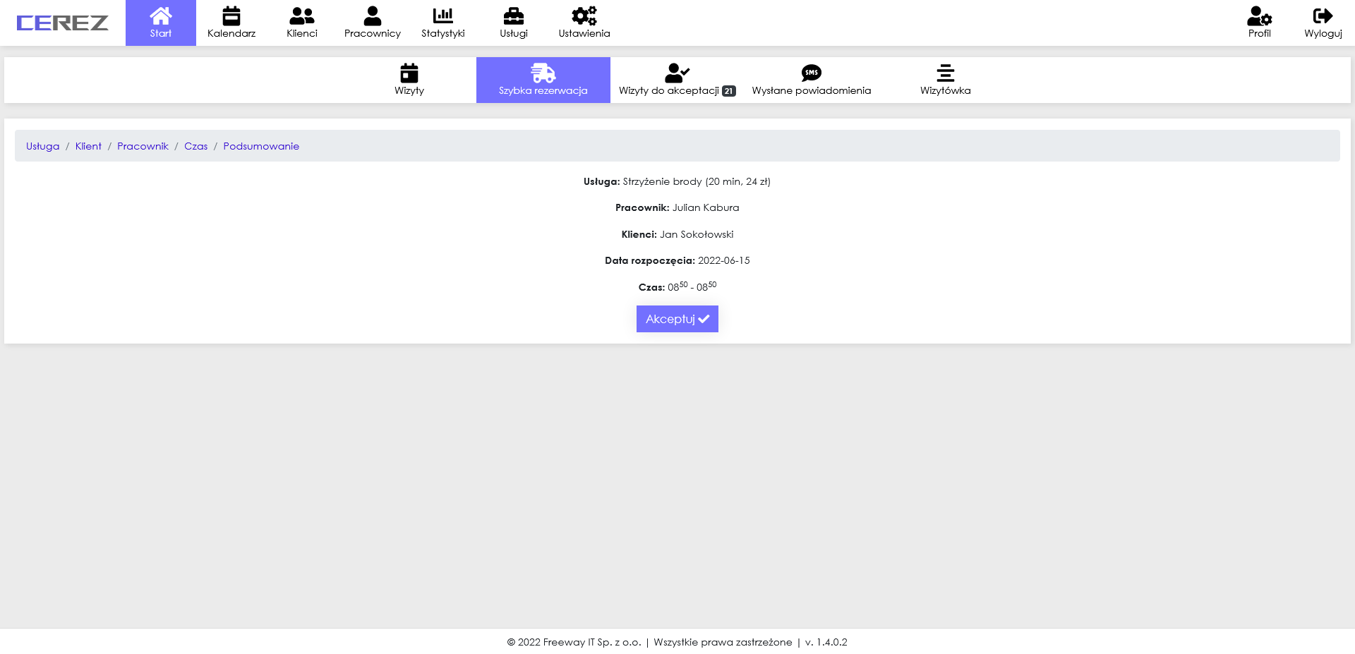 zrzut ekranu szybkiej rezerwacji (podsumowanie+) z aplikacji Cerez