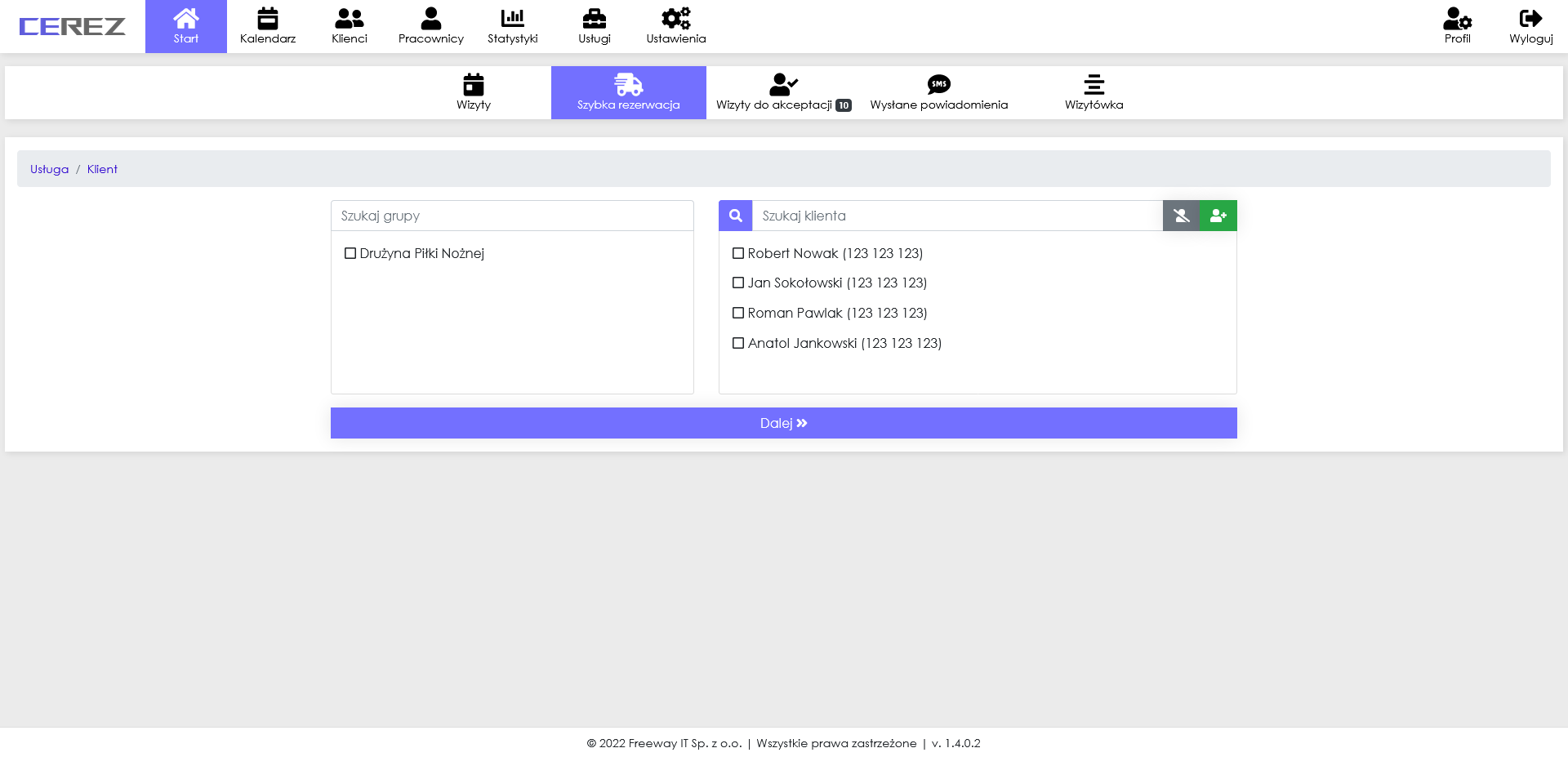 zrzut ekranu szybkiej rezerwacji (wybór klienta) z aplikacji Cerez