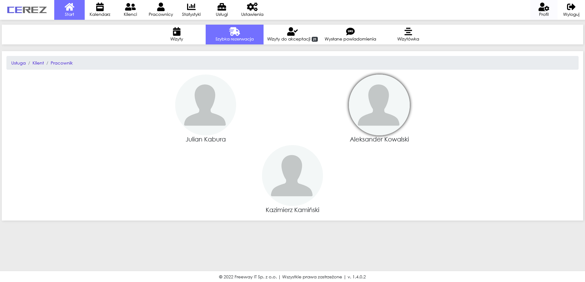 zrzut ekranu szybkiej rezerwacji (wybór pracownika) z aplikacji Cerez