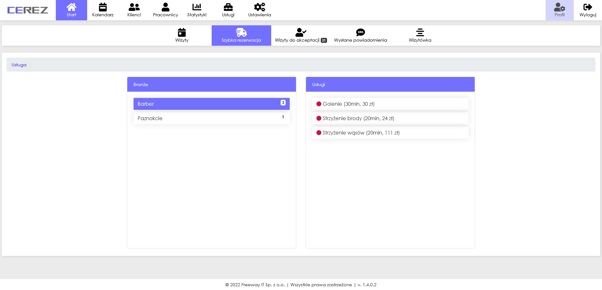 zrzut ekranu szybkiej rezerwacji (wybór usługi) z aplikacji Cerez