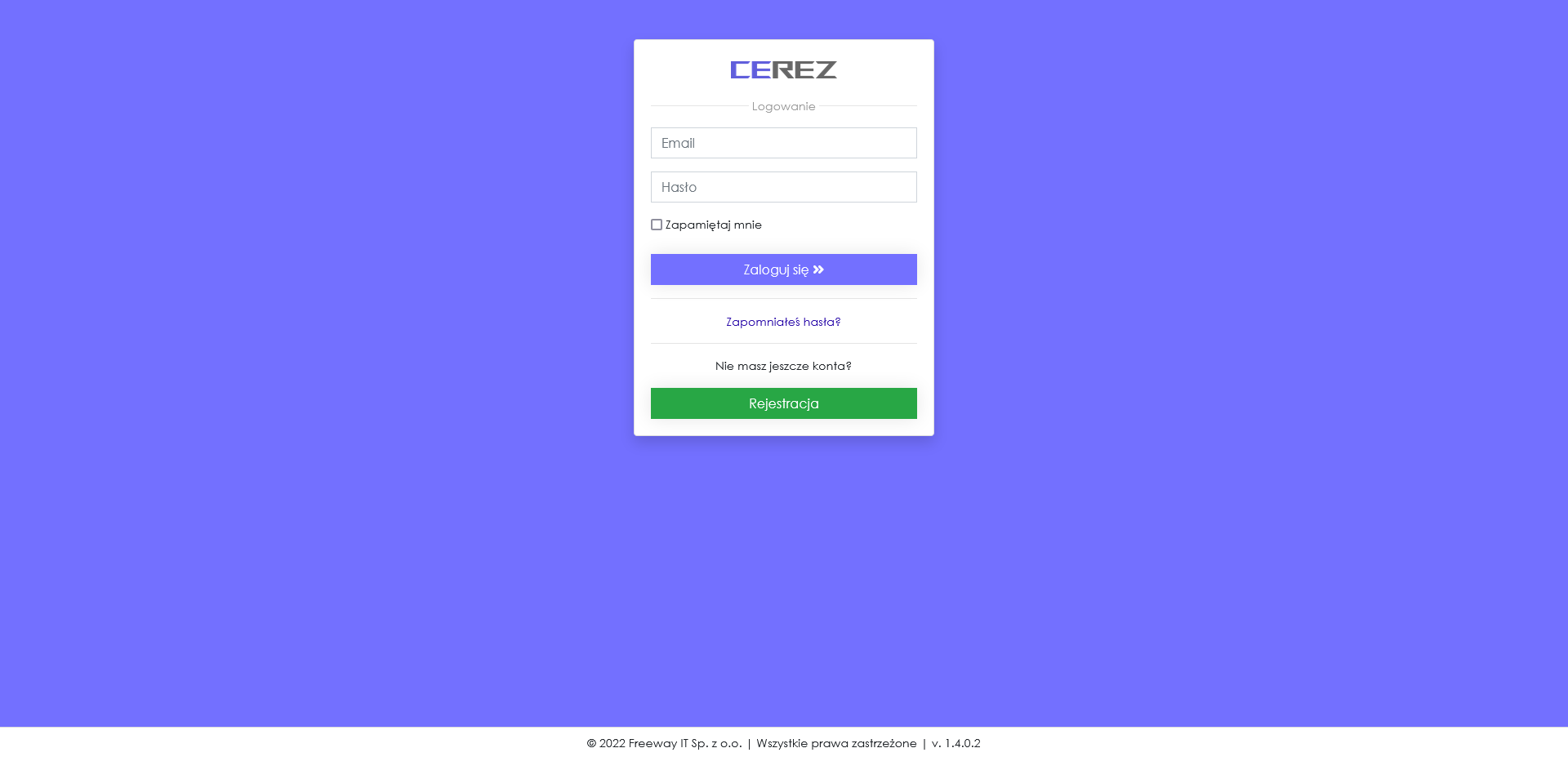 zrzut ekranu logowania z aplikacji Cerez