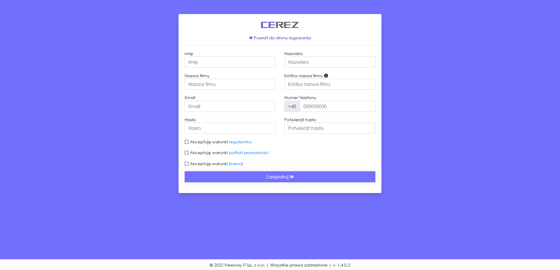zrzut ekranu rejestracji z aplikacji Cerez