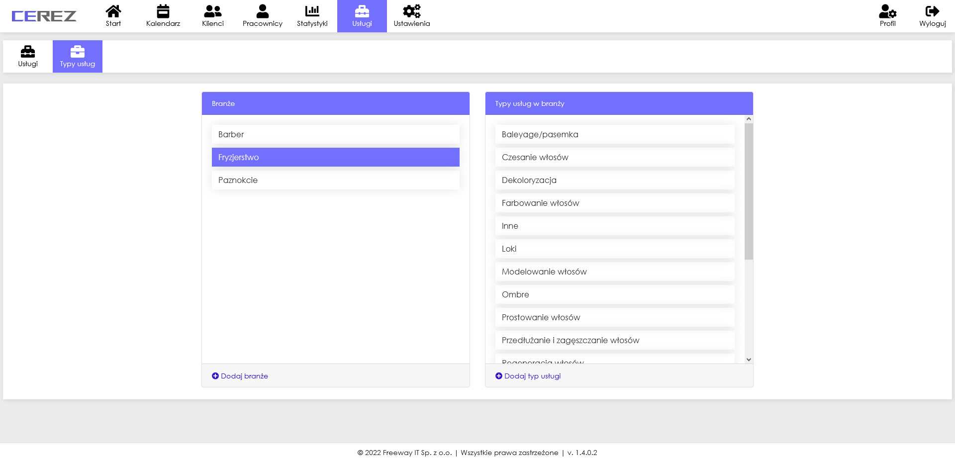 zrzut ekranu typów usług z aplikacji Cerez