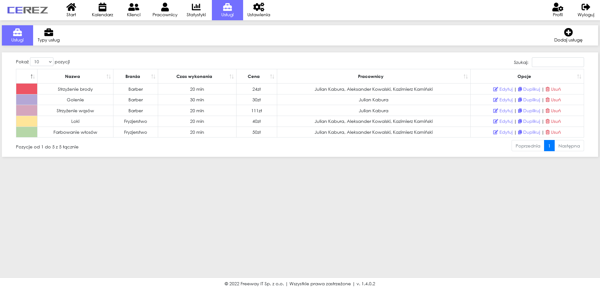 zrzut ekranu listy usług z aplikacji Cerez
