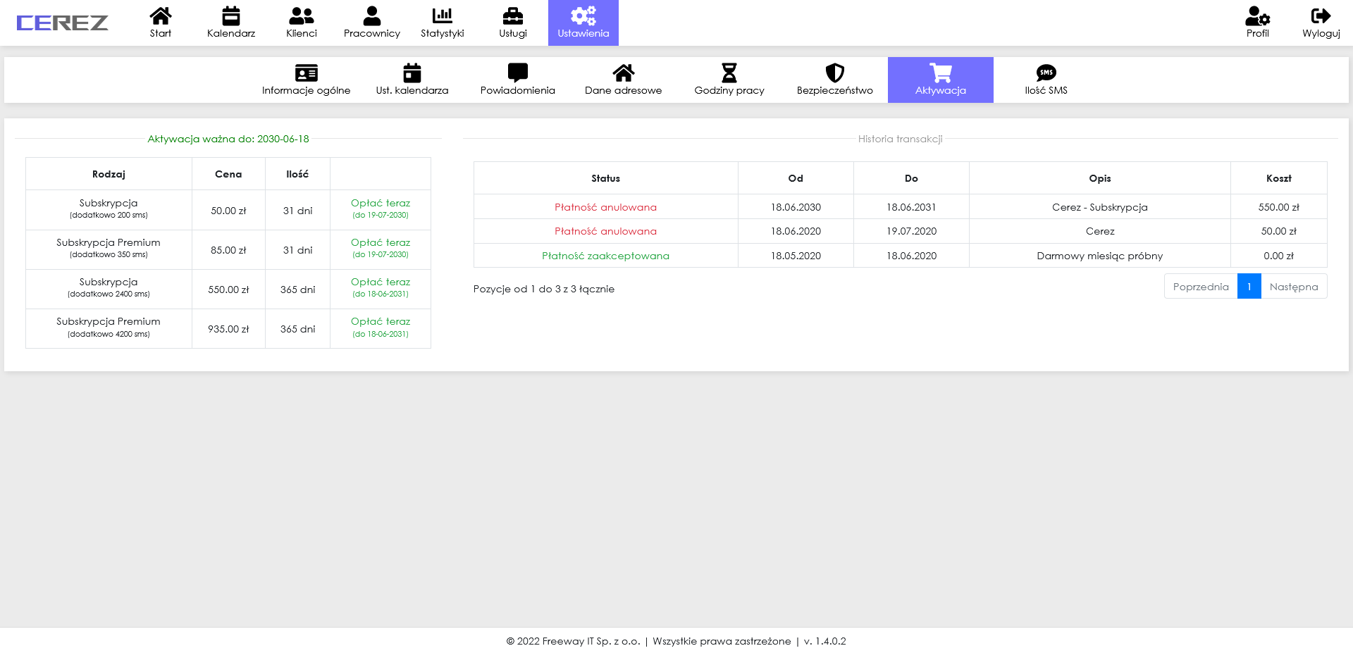 zrzut ekranu danych aktywacji z aplikacji Cerez