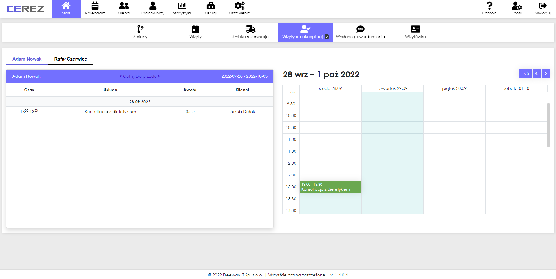 zrzut ekranu zarządzania wizytami z aplikacji Cerez